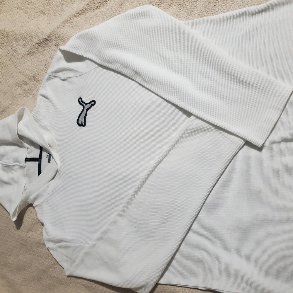 Puma Men's White Long-Sleeve Polo with Navy Logo